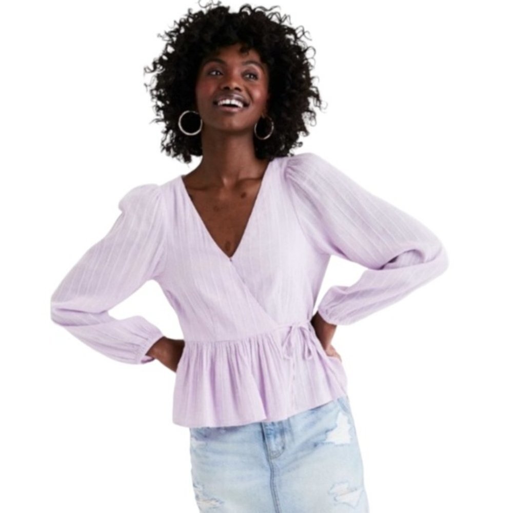 AEO Peplum Boho Balloon Sleeve Wrap Tie Waist boho chic Blouse